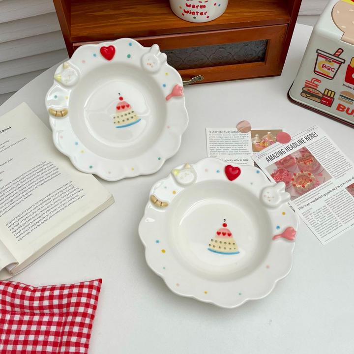 可爱手作花边盘浮雕立体猫咪兔子陶瓷盘生日餐具礼物早餐甜品盘子