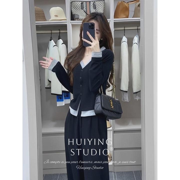 港风别致假两件领针织上衣女秋冬设计感小众修身早春内搭打底衫