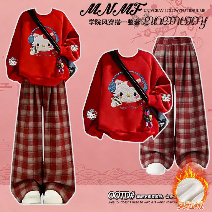 秋冬季新款卡通可爱小猫咪女童圆领卫衣格子裤套装中大童百搭上衣
