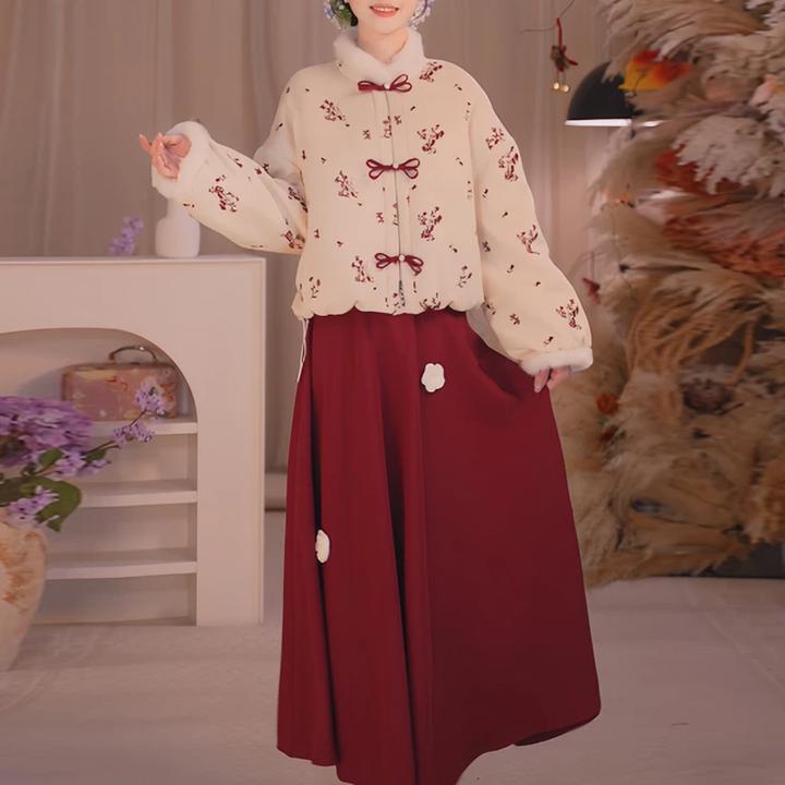 新年国风氛围感套装女2025冬季新款盘扣碎花棉服外套半身裙两件套