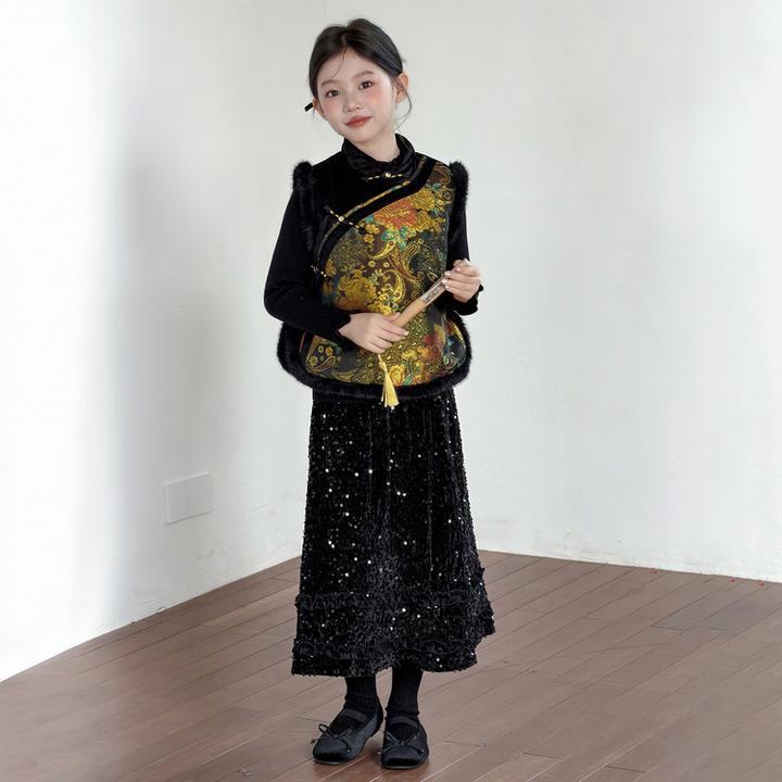 儿童过年衣服女童冬装套装裙子中大童旗袍马甲亮片裙三件套中国风