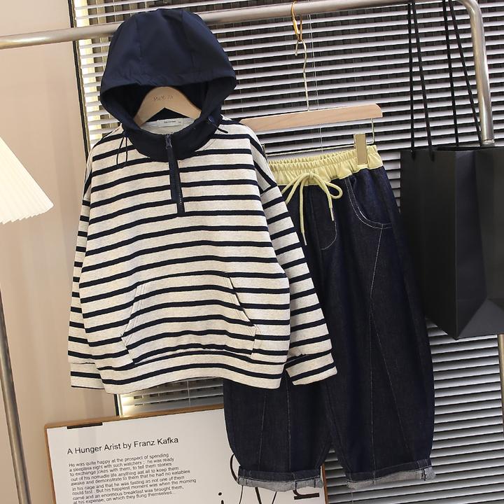 【半拉链帽衫】儿童条纹卫衣2025新款男女童春秋装连帽长袖两件套潮