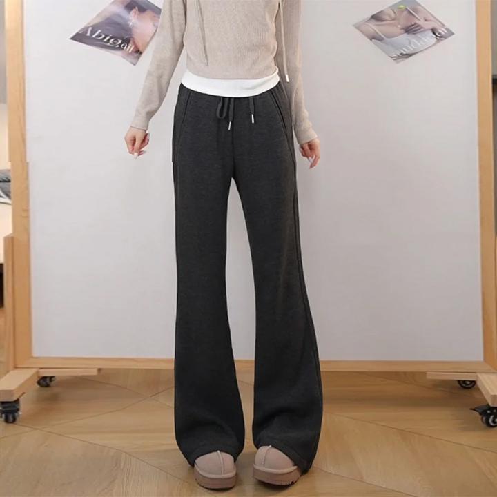 灰色高腰抽绳加绒加厚微喇裤女秋冬2025新款修身显瘦休闲喇叭长裤