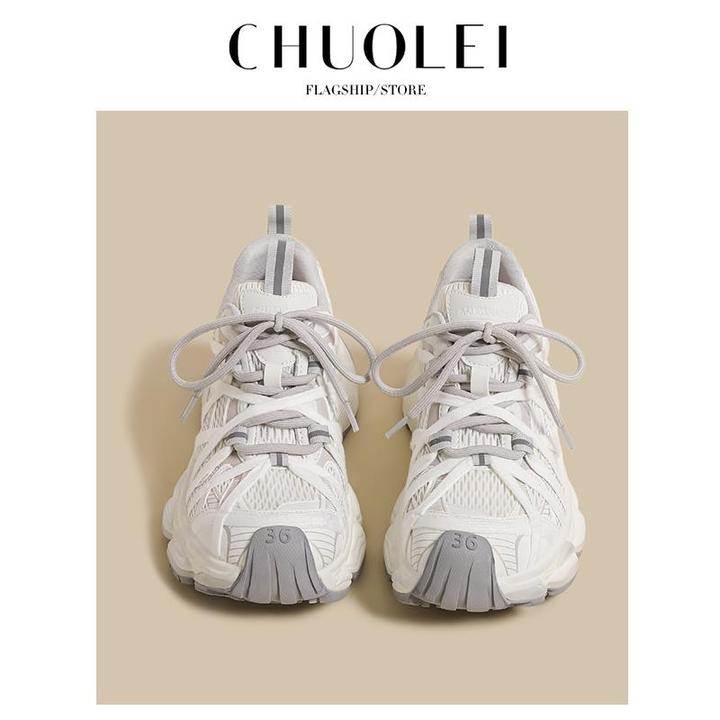 厚底老爹鞋女2025夏季新款小个子增高复古透气重工白色蜘蛛运动鞋