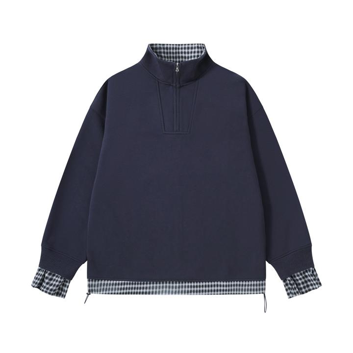 2025秋季新款男女同款情侣立领半拉链格纹拼接假两件长袖休闲卫衣