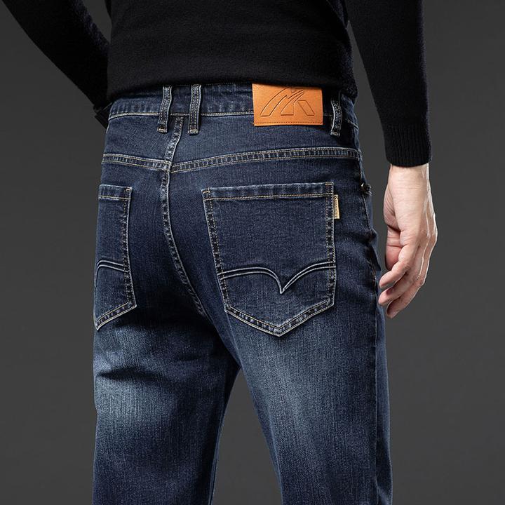 约文库费冬季牛仔裤修身中腰直筒裤秋冬季男士纯色休闲加绒加厚裤