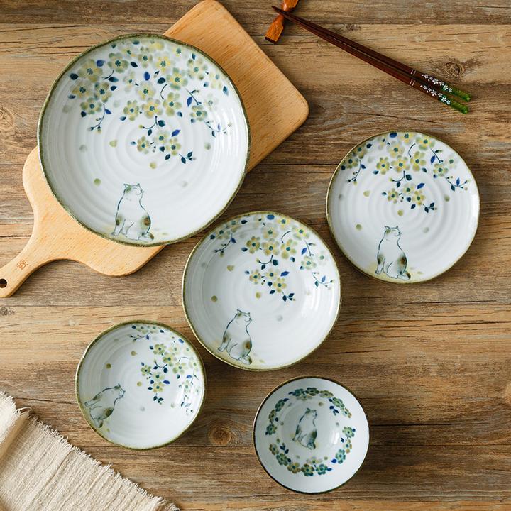 千代源花见猫日本原装进口餐具陶瓷盘子家用碗盘日式餐盘釉下彩