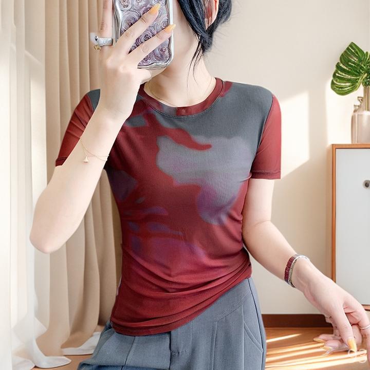修身微胖显瘦洋气网纱t恤短袖女款爆款2025新款衣服气质打底衫高