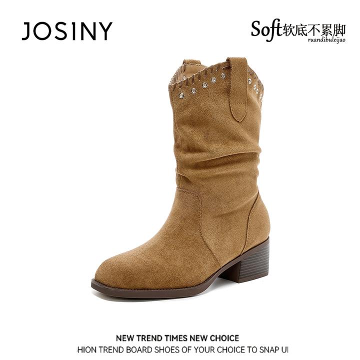 卓诗尼正品女靴2025新款气质尖头铆钉显瘦褶皱小个子不过膝骑士靴