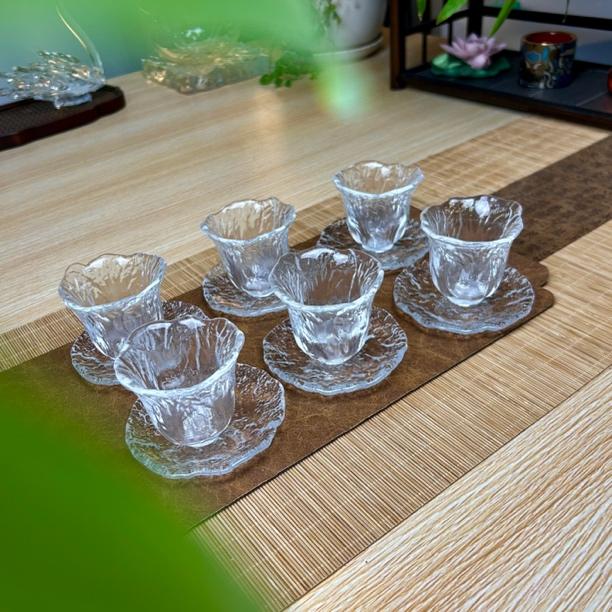 白菜款玻璃杯加厚无铅玻璃百财聚来主人杯子单杯透明杯垫品茗杯子