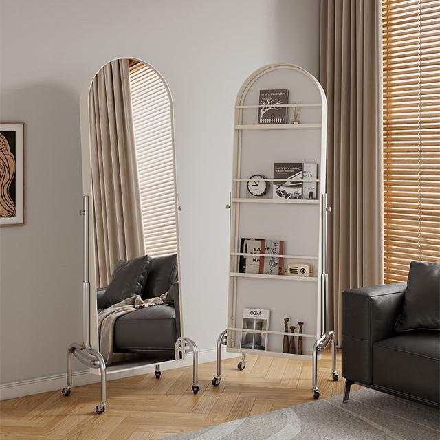 可移动穿衣镜带轮身镜置物架杂志书报架试衣镜带收纳旋转落地镜