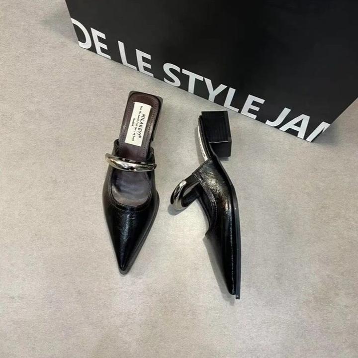 坡跟豹纹尖头包头半拖鞋女外穿2025春夏季新款韩版银色玛丽珍凉拖