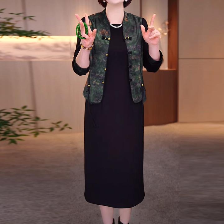 官图现货原版面料品质高质量阔太太高档马甲连衣裙两件套大码遮肉