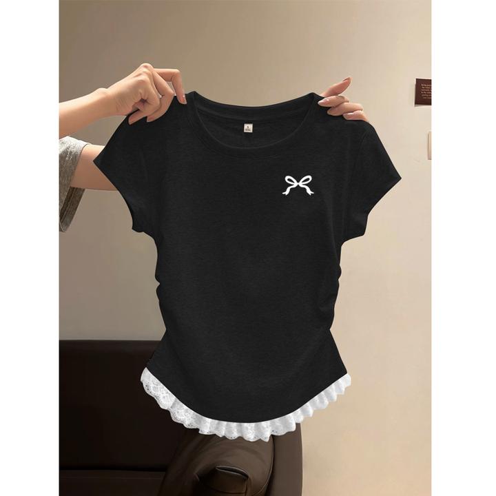 黑色个性印花短袖t恤女修身2025新款夏季正肩显瘦短款小个子上衣