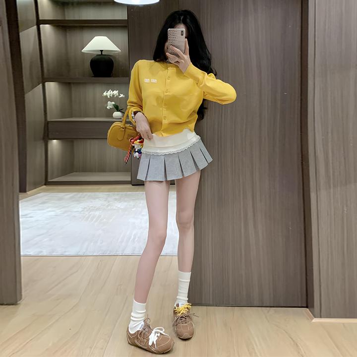 小香风字母提花针织开衫女2025秋季新款休闲黄色单排扣毛衣外套潮