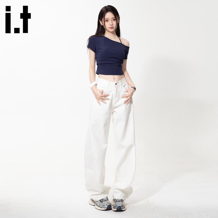 i.t:CHOCOOLATE高腰白色阔腿牛仔裤女秋冬新款宽松直筒百搭休闲裤