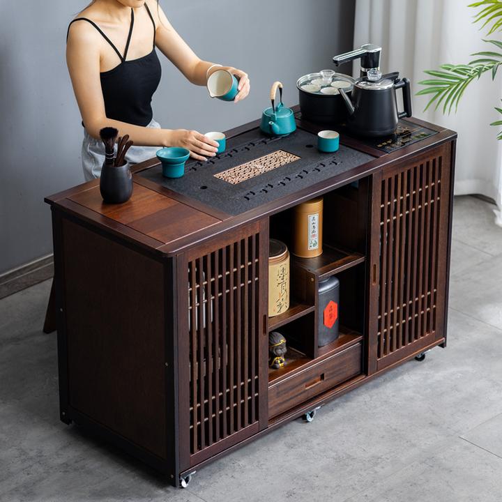 中式风格实木茶桌茶台移动家用小茶车带轮可煮茶可取暖可充电长方