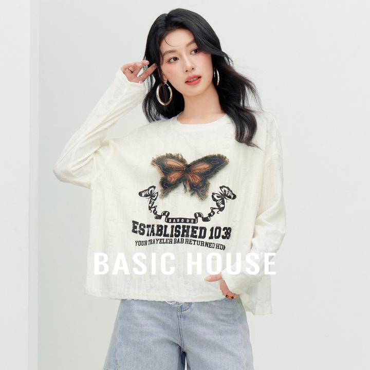 Basic House/百家好夏蝴蝶印花圆领老钱风松弛感女装-B0625B58392
