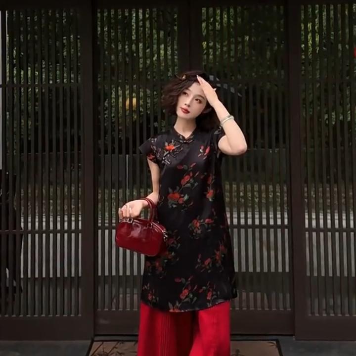 新中式气质国风提花旗袍上衣阔腿裤女装2025夏季新款轻熟御姐套装