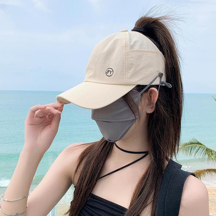帽子女春夏防晒速干可扎马尾鸭舌帽户外遮阳空顶帽可挂口罩棒球帽