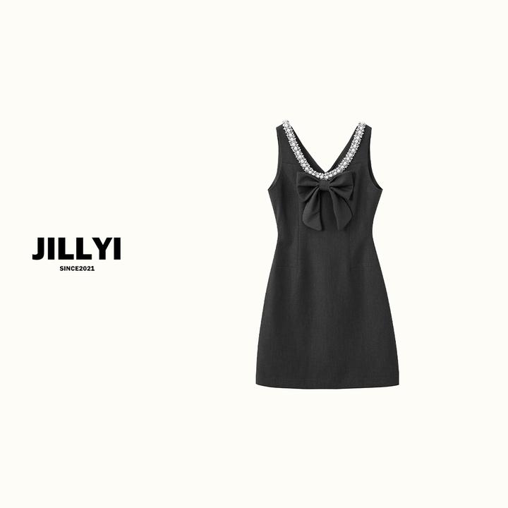 JILLYI珠海店【珍珠晚宴】深灰色U型领口大蝴蝶结装饰典雅连衣裙