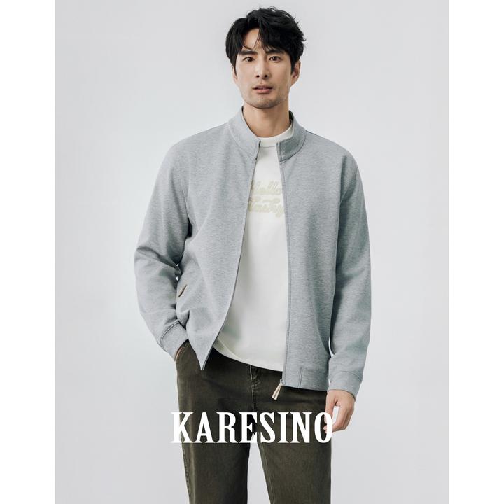 KARESINO长绒棉空气层拉链立领灰色卫衣男长袖休闲运动通勤外套男