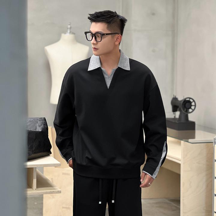 NO22WEAR【通勤高定款】假两件翻领拼接休闲宽松长袖套头高级感卫衣