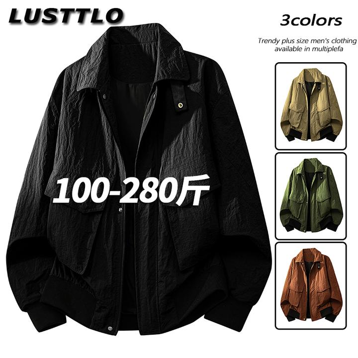 春秋季新款男士工装夹克潮流皱感翻领宽松大码老钱风休闲外套上衣