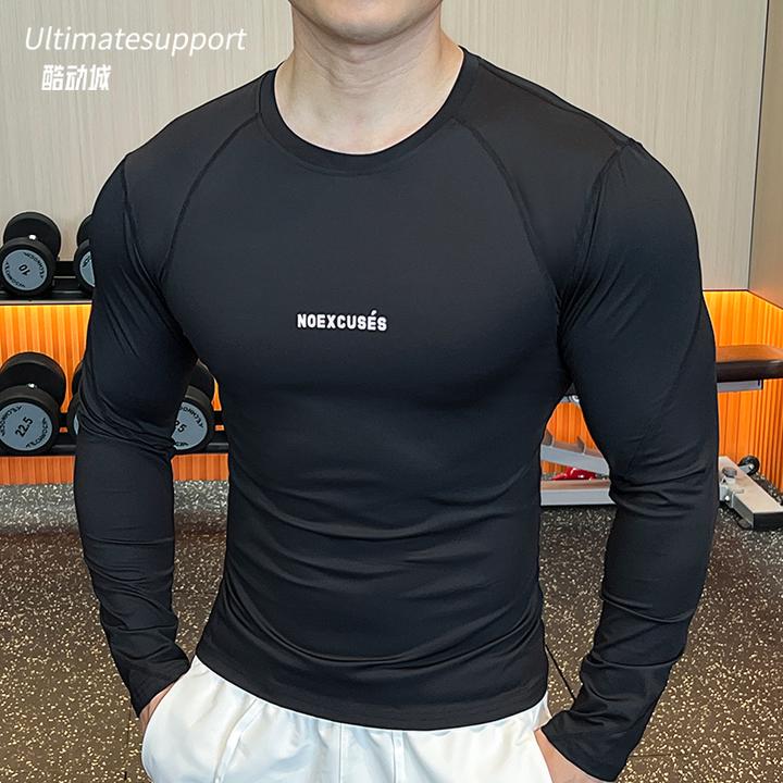 秋冬男士弹力圆领健身运动T恤健身肌肉长袖上衣速干衣紧身衣修身