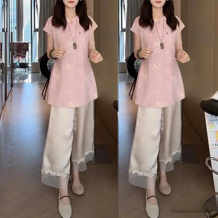 新中式国风盘扣粉色上衣夏季2025新款小个子阔腿裤子穿搭两件套装