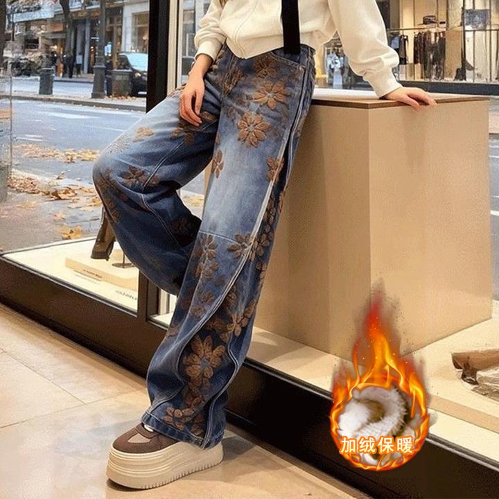 美式复古高街加绒提花宽松bf慵懒风小个子高腰显瘦牛仔阔腿裤长裤