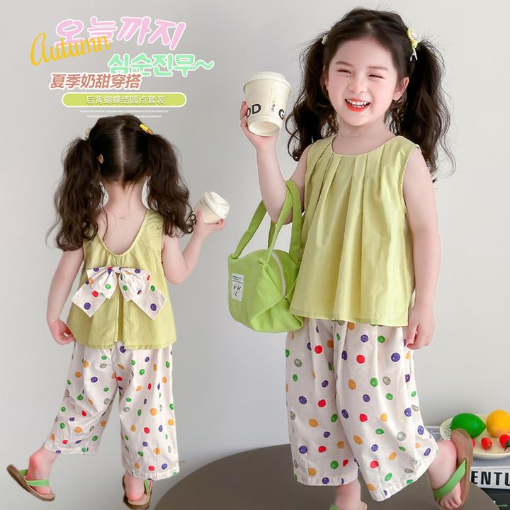 女童夏季套装2025新款洋气儿童夏装无袖背心女宝宝圆点裤子两件套