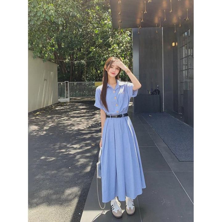 蓝色Polo领条纹短袖连衣裙文艺气质收腰显瘦长裙女夏新款a字裙子