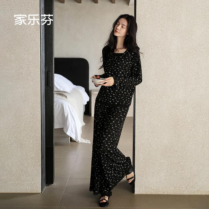 家乐芬睡衣女春秋裤秋季长袖莫代尔家居服方领碎花阔腿套装高级感