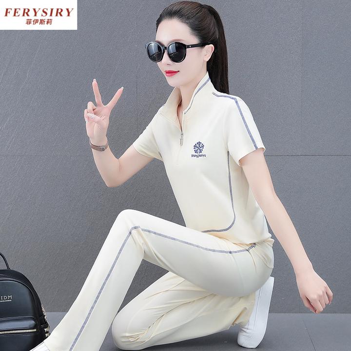 菲伊斯莉休闲运动套装女夏季薄款冰丝短袖宽松大码跑步中年妈妈夏