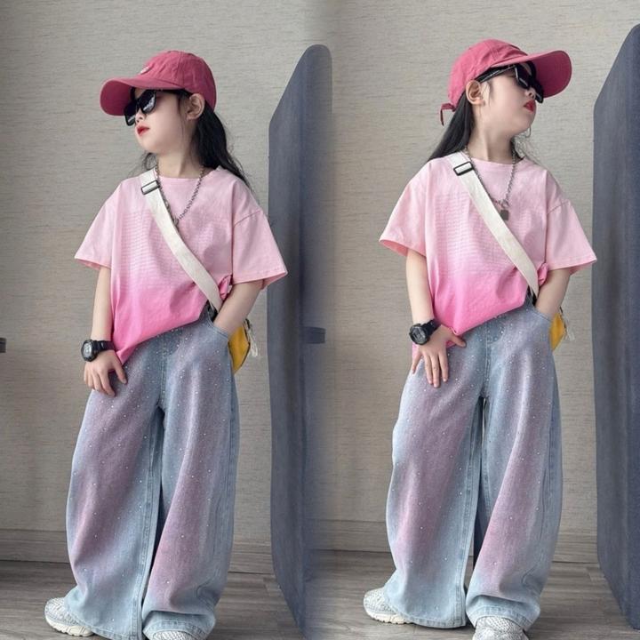 【琥珀流光】女童套装新款洋气吊染短袖中大童烫钻牛仔阔腿裤两件套