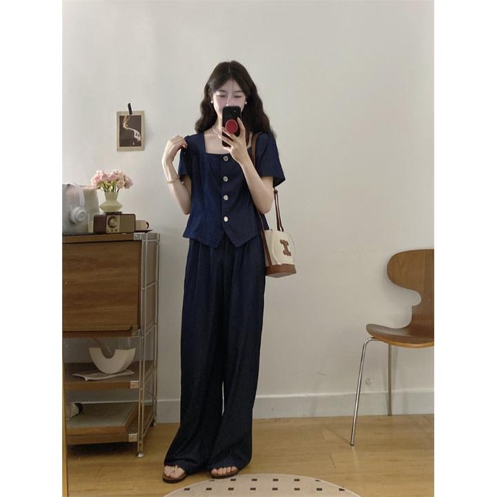 大码方领牛仔上衣阔腿长裤休闲套装女2025新款夏季胖MM显瘦两件套