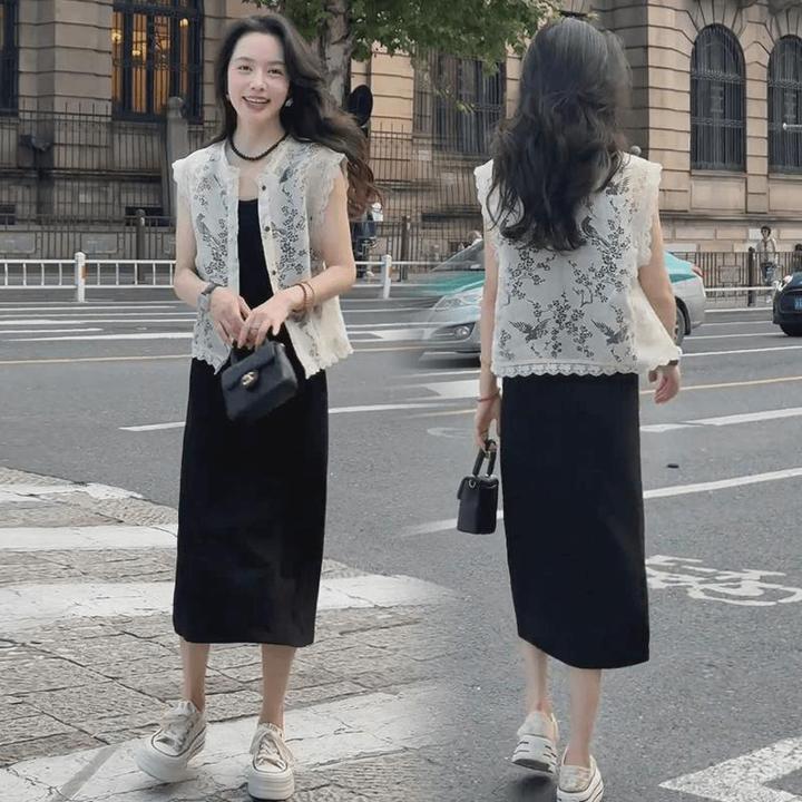 时尚连衣裙套装女2025夏季新款蕾丝无袖马甲衬衫吊带裙显瘦两件套