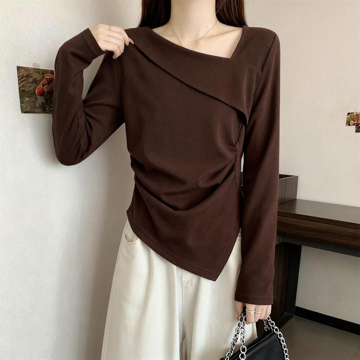 纯棉设计感不规则斜肩长袖T恤女秋冬打底衫内搭显瘦别致薄款上衣