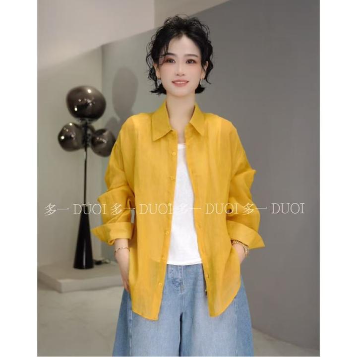 多一“稻香”2025夏季慵懒风宽松中长微透衬衫背心两件套上衣