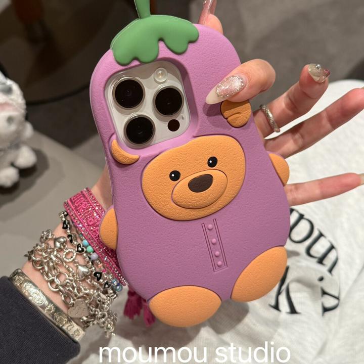 可爱立体硅胶茄子小熊适用iphone16promax手机壳苹果15防摔1413套