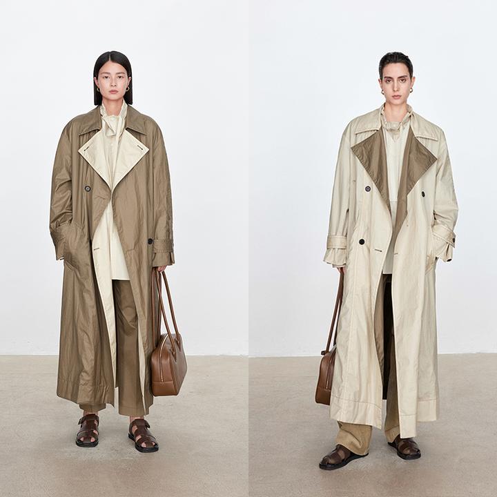 新款美拉德风两穿风衣拼接油蜡感长款外套休闲风复古极简双排扣女