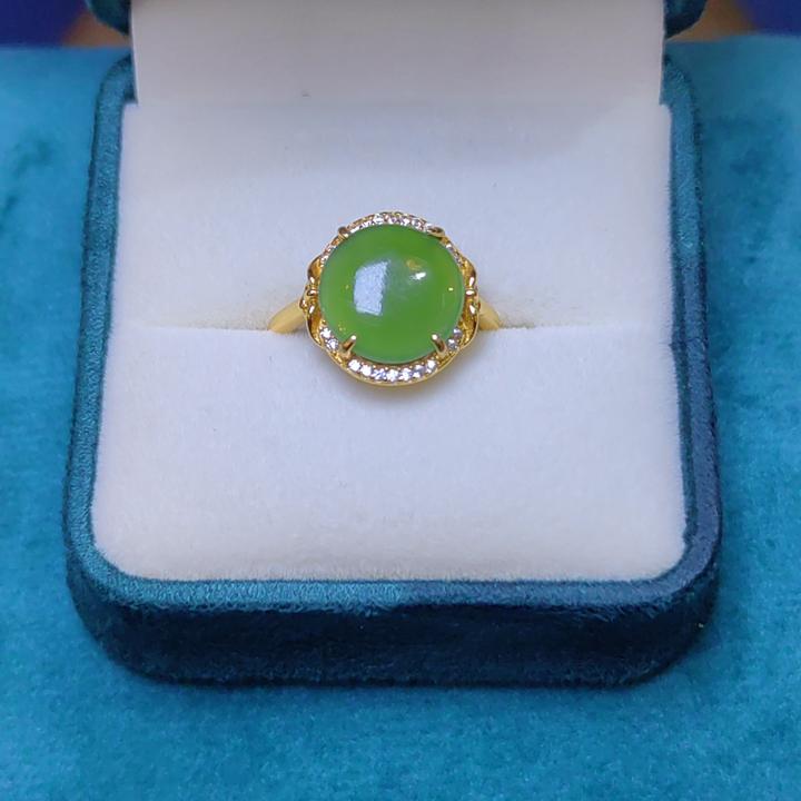 和田玉俄罗斯碧玉冰底苹果绿可调节戒指925银镶嵌含证书精致优雅
