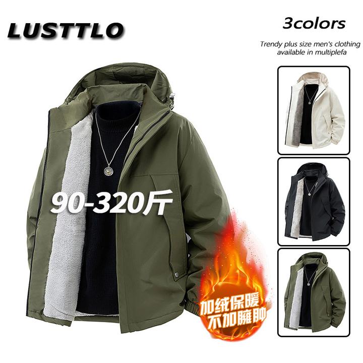 大码男士加绒加厚保暖夹克冬季新款休闲宽松百搭防风御寒连帽外套