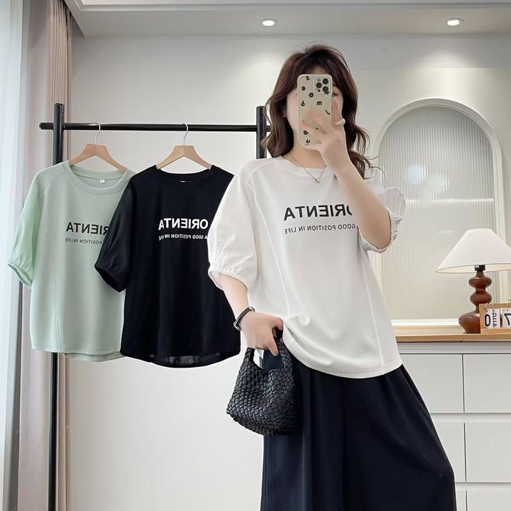 大码胖mm时尚百搭拼接设计感字母印花T恤女夏季新款上衣气质遮肉