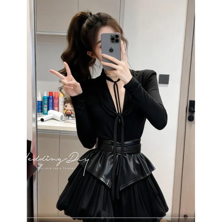 时尚气质千金风2025显瘦黑色V领长袖设计感上衣蓬蓬裙两件套女装
