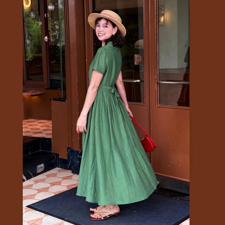 （绿裙）法式优雅精致感衬衫领连衣裙裙子女夏高贵感正肩袖新款长裙