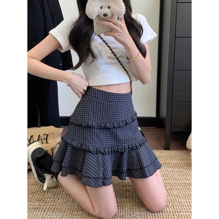 微胖mm夏季2025年新款格子设计感半身裙独特荷叶边高腰a字短裙子