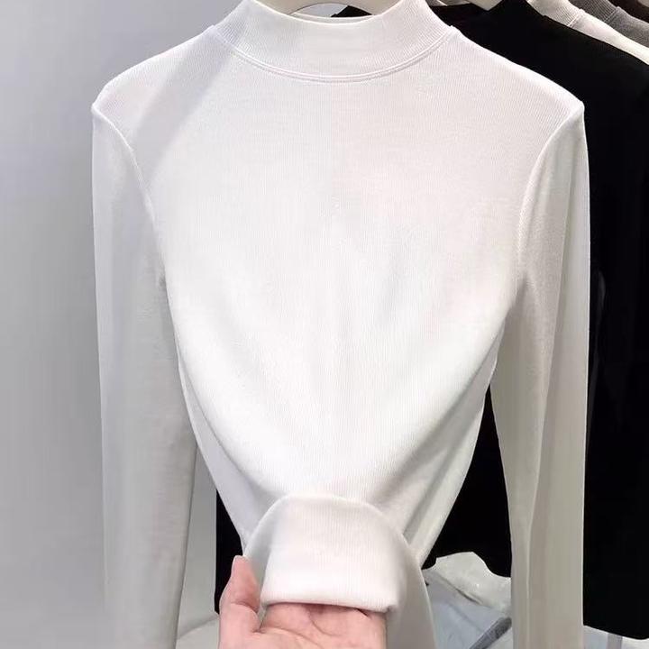 2025新款长袖半高领磨毛打底衫内搭弹力显瘦百搭纯色长袖t恤上衣