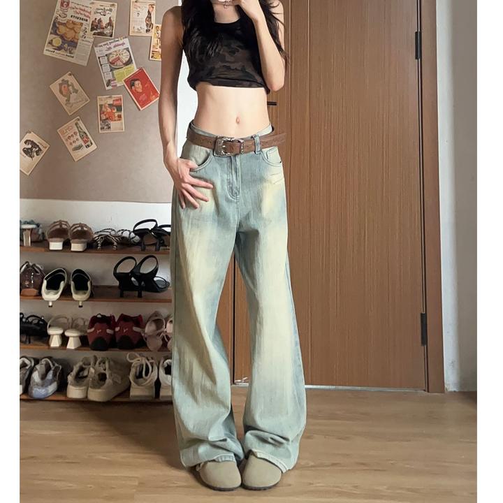 WANWAN废土色b入款！！超显瘦水洗牛仔裤直筒秋款设计感宽松拖地裤